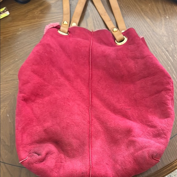 UGG Australia Red Suede Shoulder Tote Bag with Leather Handles Shearling Lined - Picture 3 of 16
